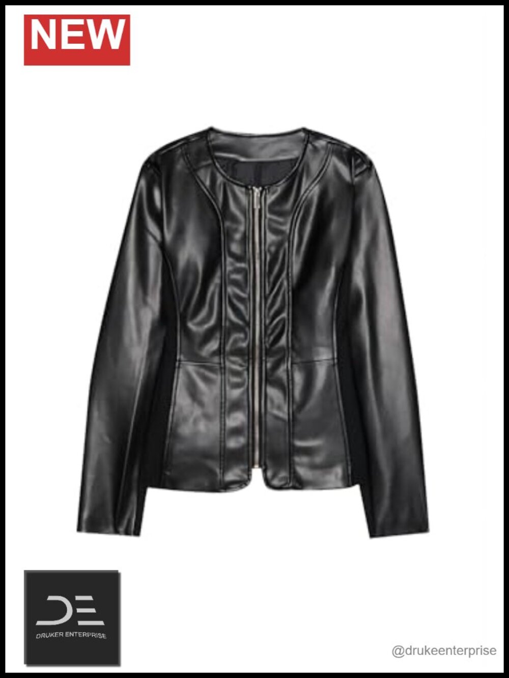 Faux Leather Jacket Round Neck Zip Front Long Sleeve Women's